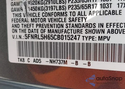 2012 Honda Odyssey Ex-L z USA, uszkodzony, nr VIN 5FNRL5H65CB015247
